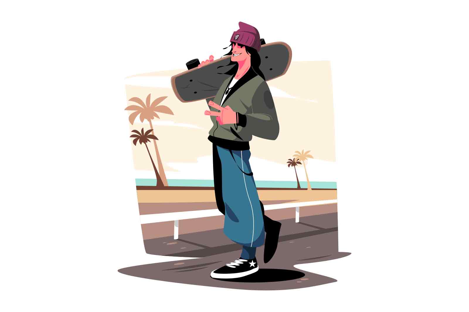 Young hip hop guy holding skate on shoulder vector illustration. Guy hip-hopper showing victory sign. Hip-hop culture and art movement flat concept