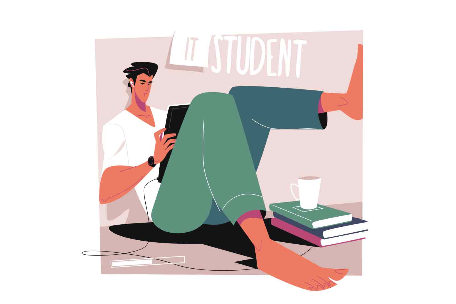 Guy studying before college exams vector illustration. Student using modern gadget for learning flat style concept