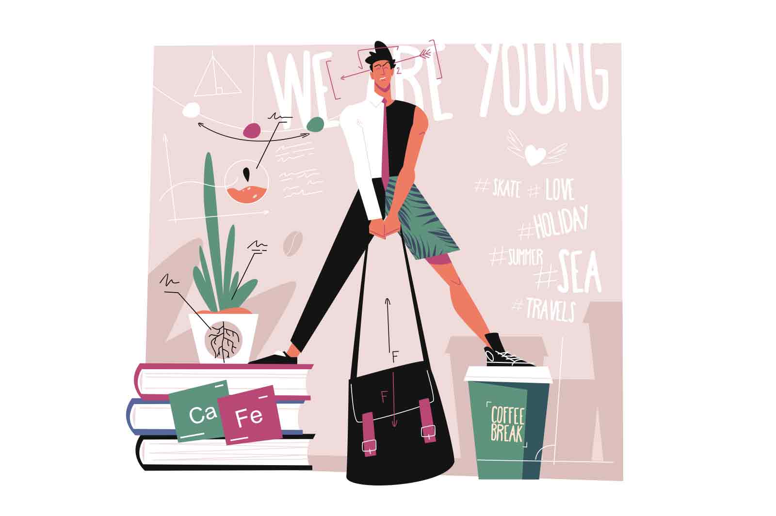 Student with bag stands on books and papercup vector illustration. Knowledge is power flat style concept. Education idea