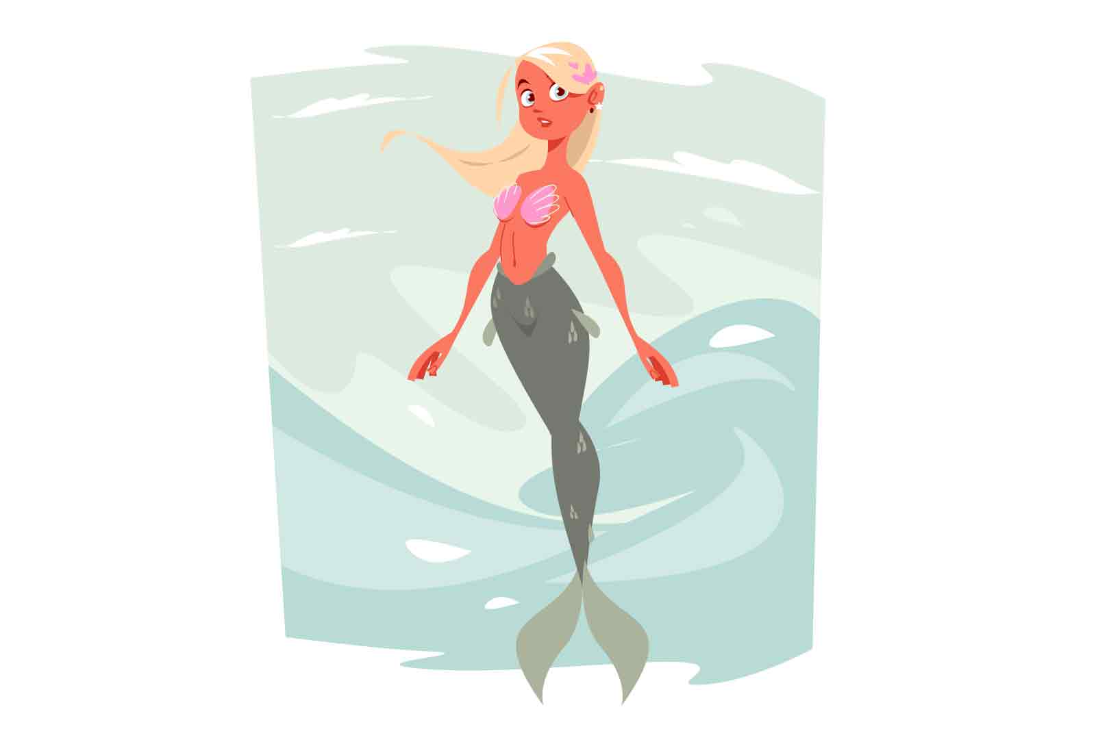 Cute cartoon mermaid with blonde hair and green tail vector illustration. Fictitious or mythical half-human sea creature flat concept