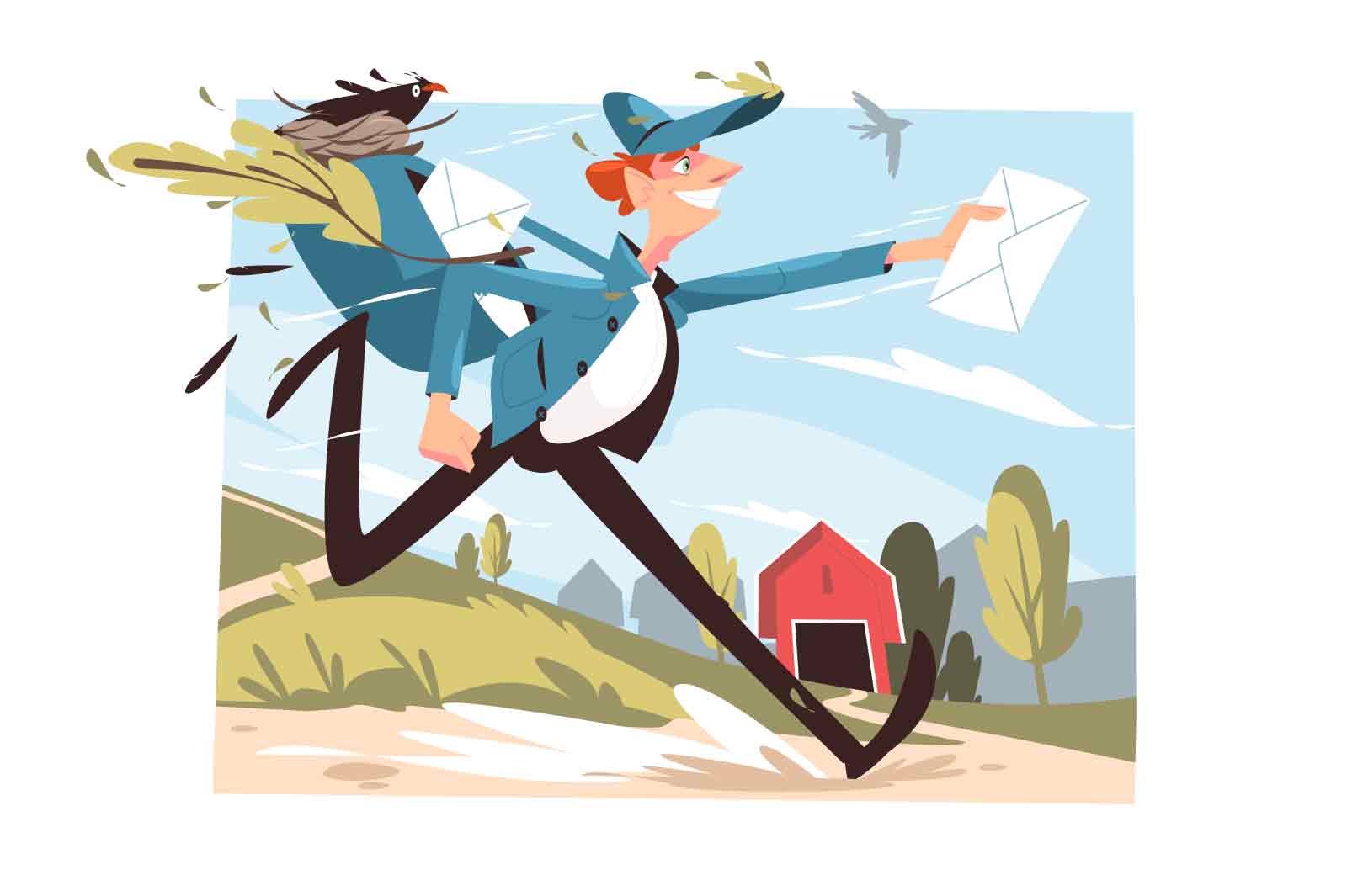 Postman hurrying to deliver letter, express mail delivery service vector illustration. Mailman in uniform and cap carrying messenger bag and envelope