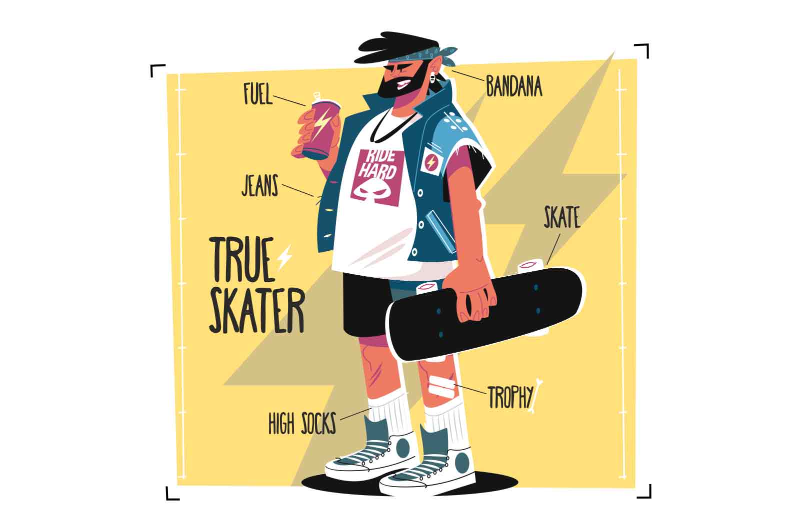 Man skater holding skateboard vector illustration. Guy true skater with required attributes such as bandana, fuel, jeans and trophy
