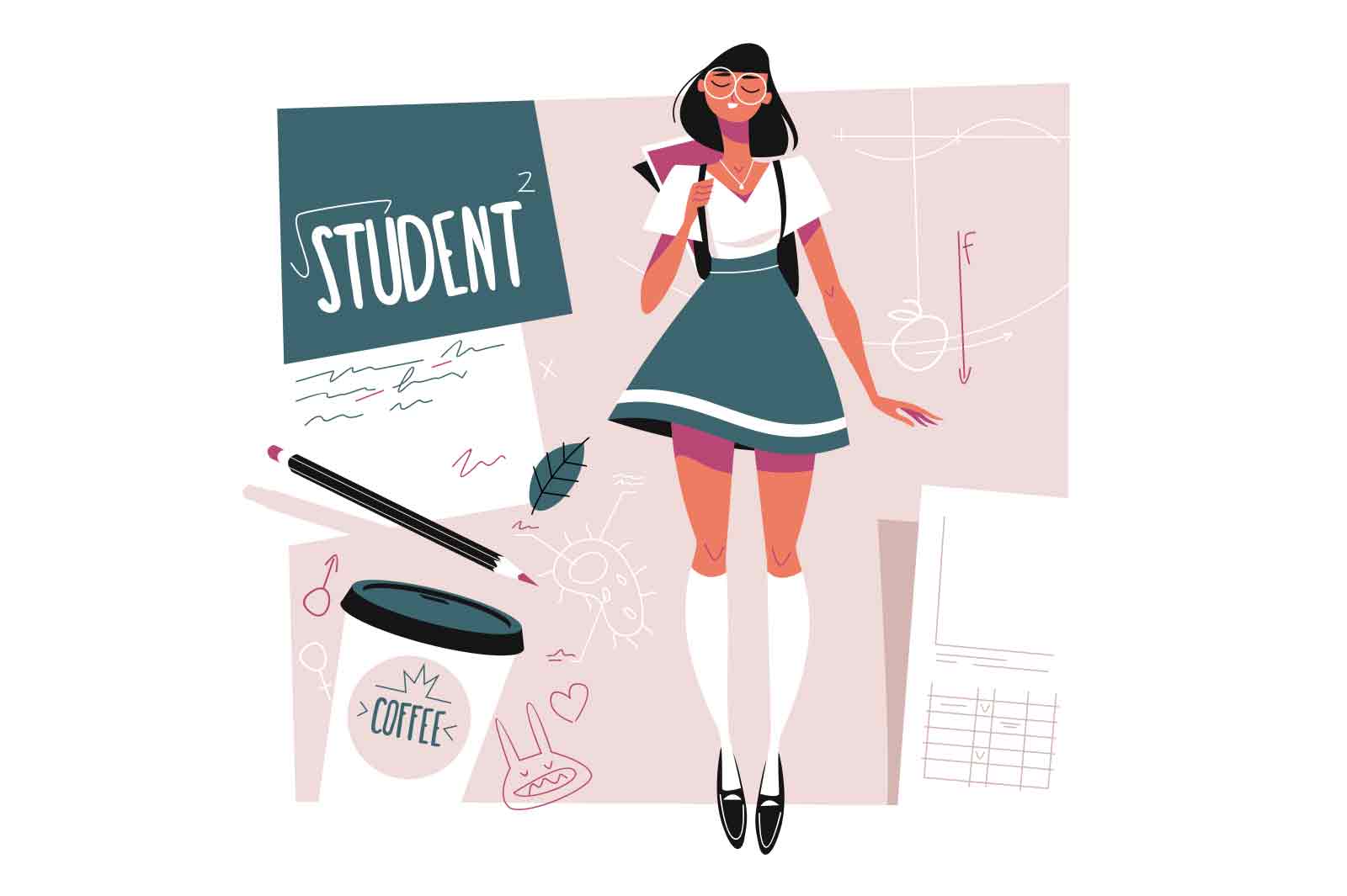 Girl student in uniform with schoolbag vector illustration. Education, knowledge and studying flat style concept