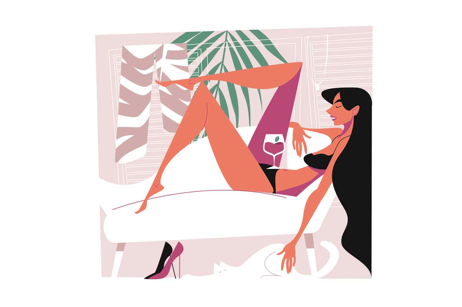 Young woman in swimsuit relax on sofa and drink wine vector illustration. Time to rest and chilling. Summer vacation and holidays concept