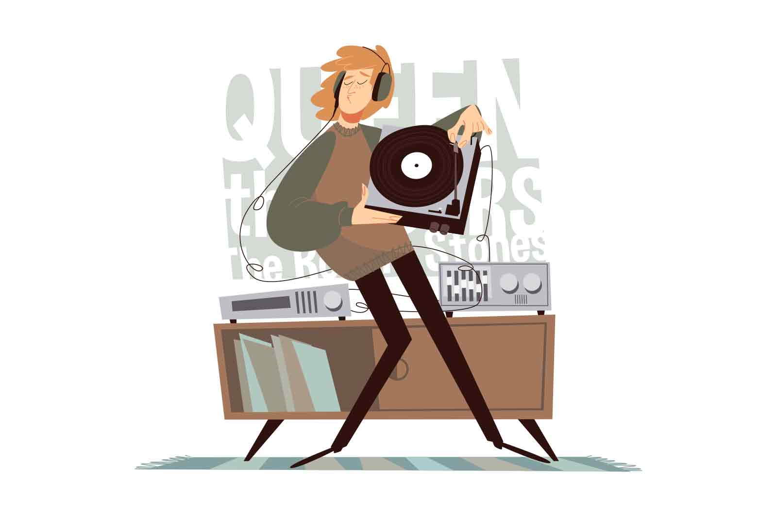 Guy listening vinyl records, music collection and relaxation vector illustration. Trendy party with dj and modern music. Retro festival for young people