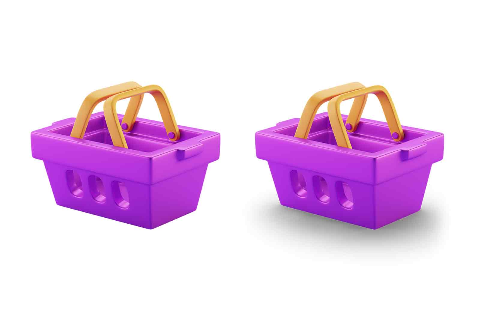Empty purple shopping cart 3d rendered icon illustration. Grocery or food cart, trolley or buggy for use by customers. Shopping time