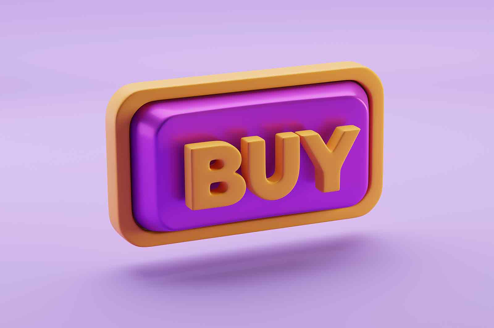 Buy button violet rectangular 3d rendered icon illustration. Knob for marketing design, shopping online. Shop now concept
