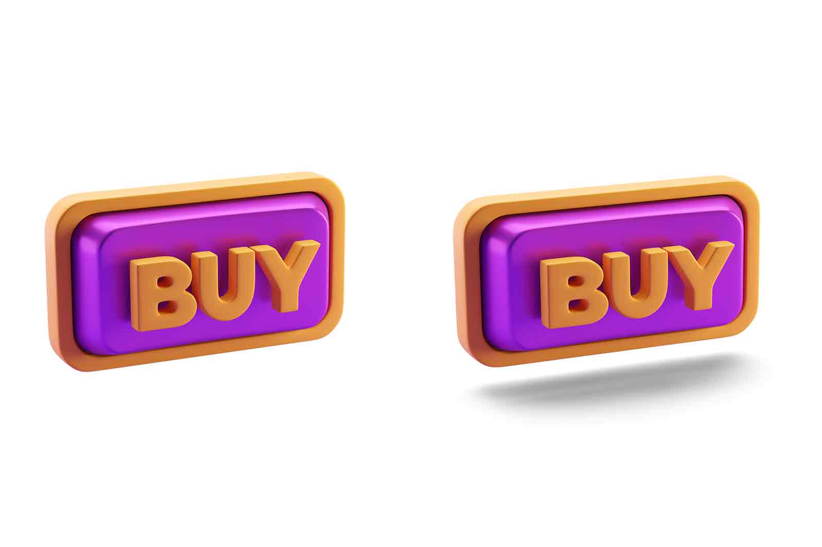 Buy button violet rectangular 3d rendered icon illustration. Knob for marketing design, shopping online. Shop now concept