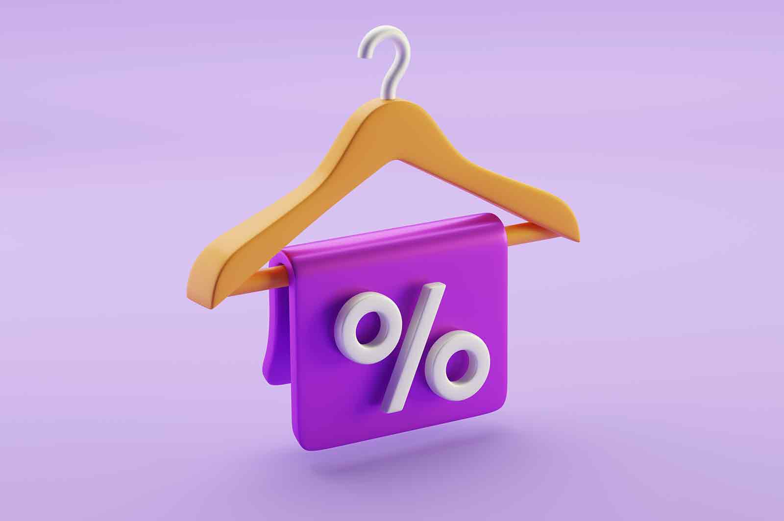 Sales tag with percent sign on hanger 3d rendered icon illustration. Black friday, discount and promotions concept