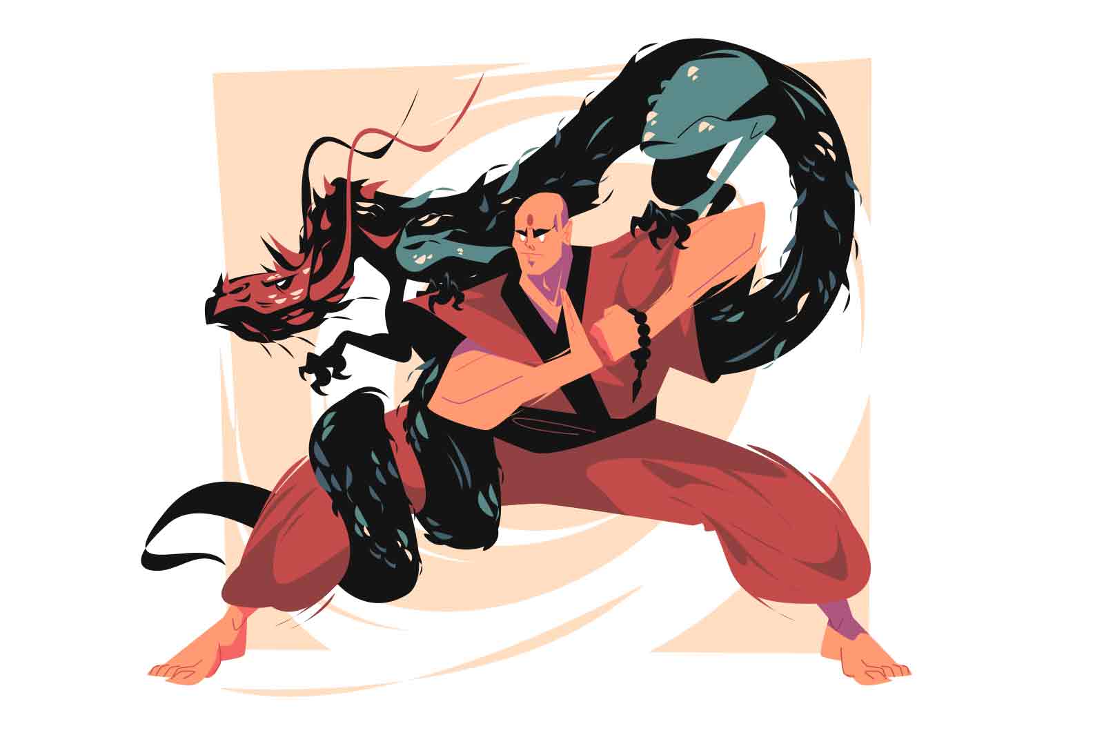 Tibetan monk character fighting with dragon vector illustration. Sun wukong flat style. Chinese mythology concept