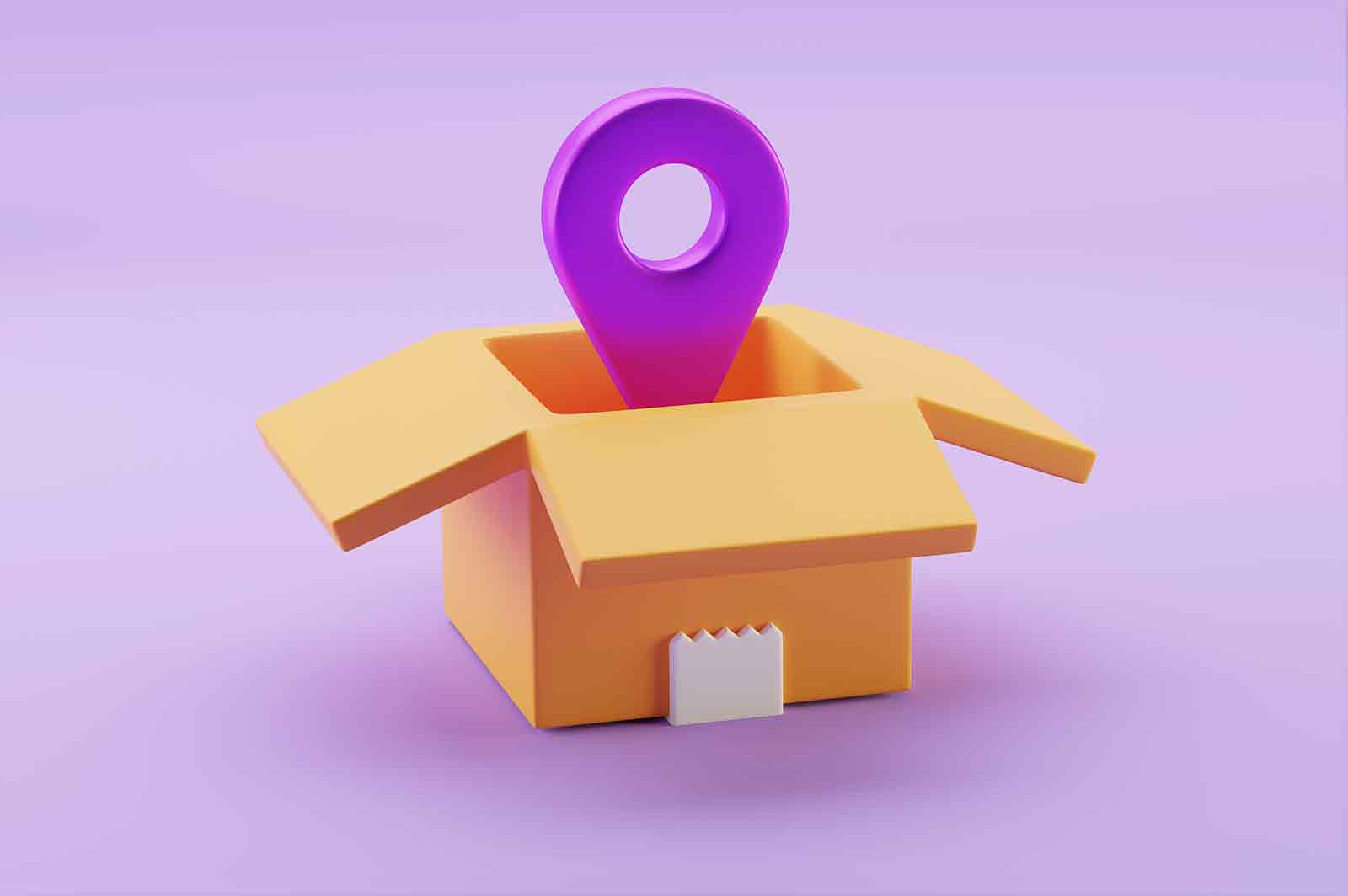 Delivery packaging 3d rendered icon illustration. Open box with location pin. Worldwide shipping. Delivery service concept