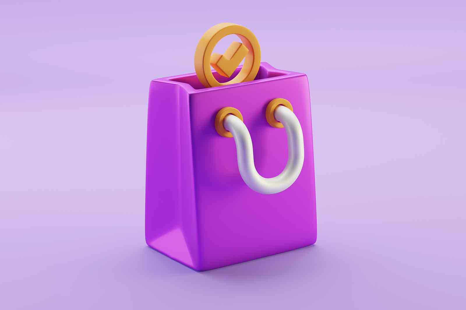 Shopping bag 3d rendered icon illustration. Handbag or package. Sale, discount and promotion, purchasing goods online concept