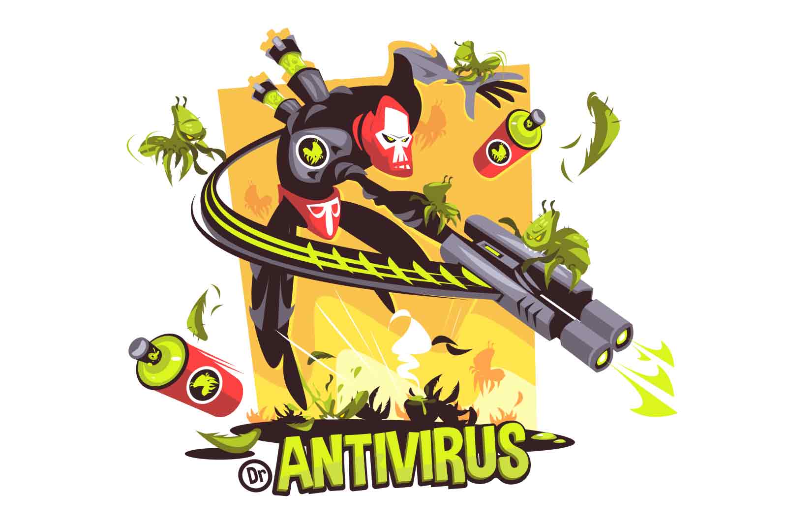 Antivirus system monster with weapon kill viruses vector illustraton. Corporate system protection, cybersecurity or internet security flat concept