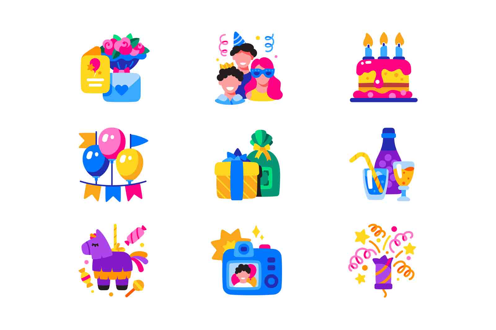 Birthday party attributes icons set vector illustration. Giftboxes, balloons, cake and firework. Festive event flat concept