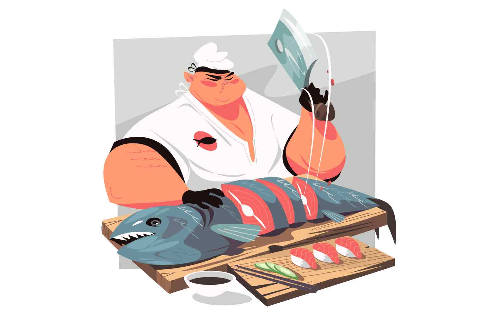 Chef cutting fish and making sushi vector illustration. Served red fish nigiri. Japanese traditional food preparation process