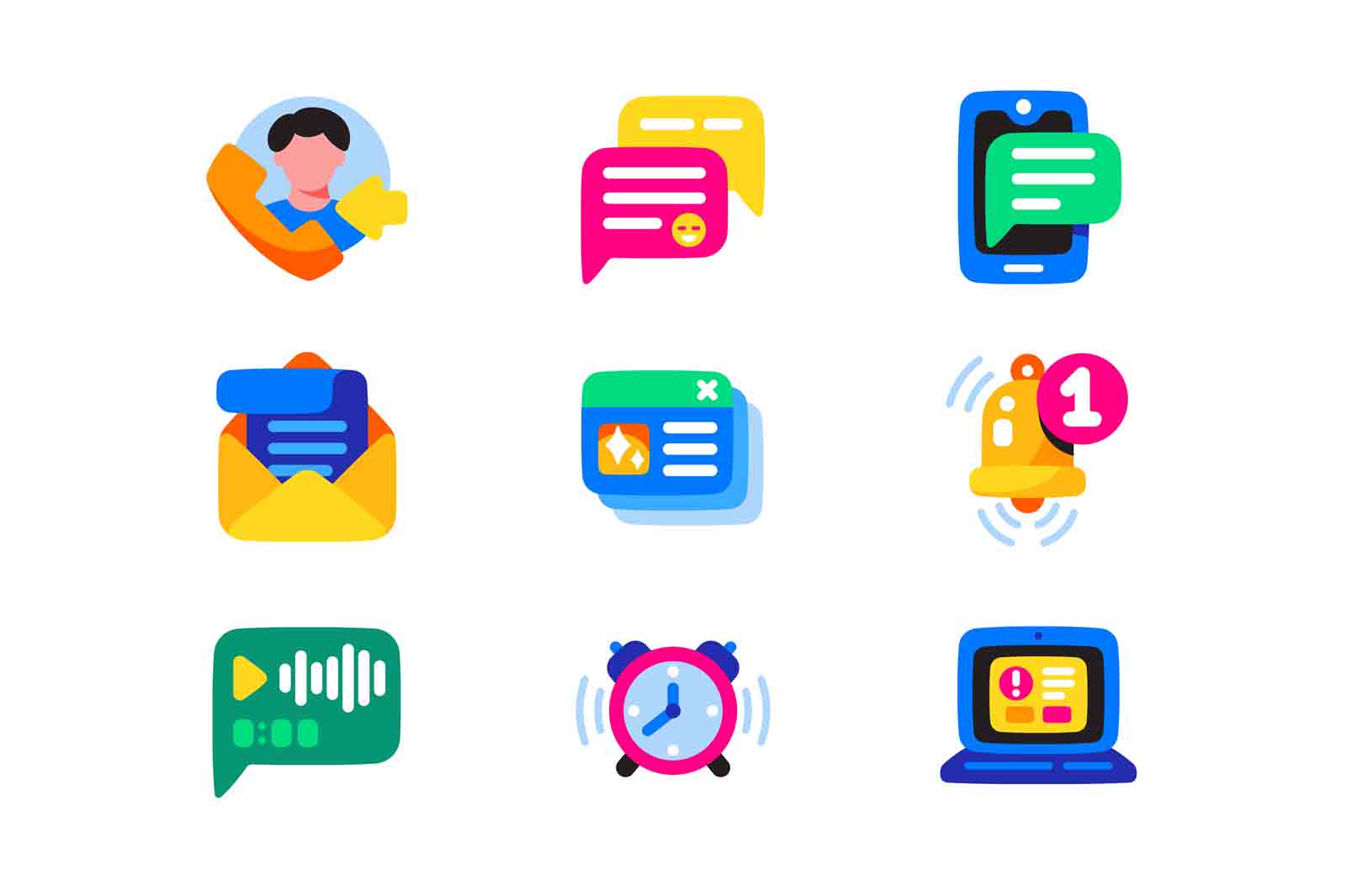 Correspondence notifications icons set vector illustration. New email message notice, open mail envelope letter and internet reminders