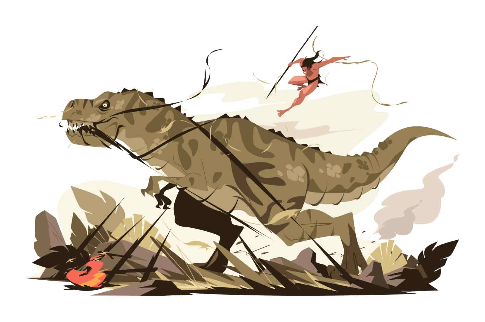 Warrior fighting with dinosaur vector illustration. Fighter with spear attaching tyrannosaurus flat concept. Prehistoric world of dinosaurs