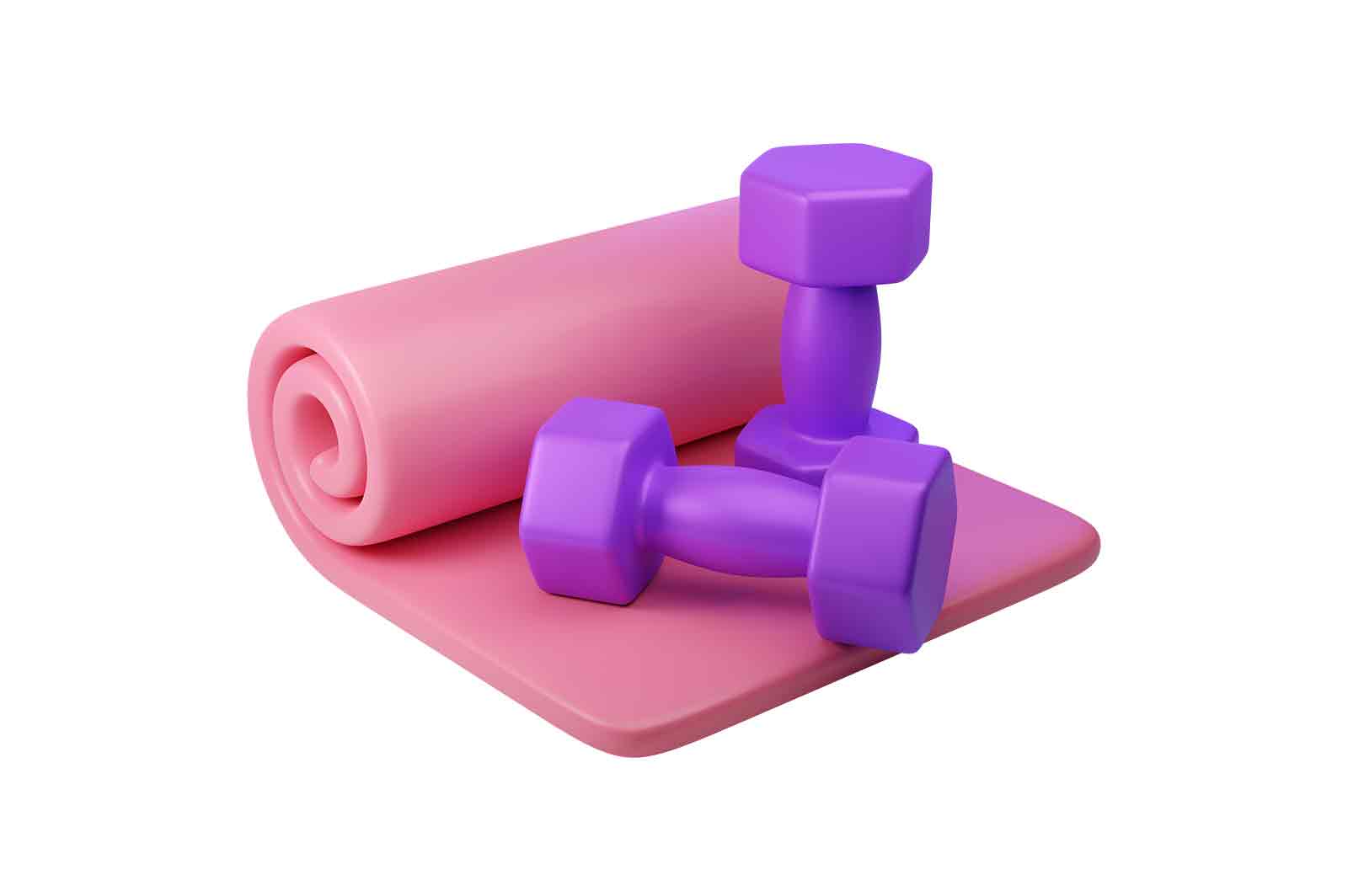 Set of dumbbells and fitness mat 3d rendered illustration. Sports equipment item. Sport and healthy lifestyle concept