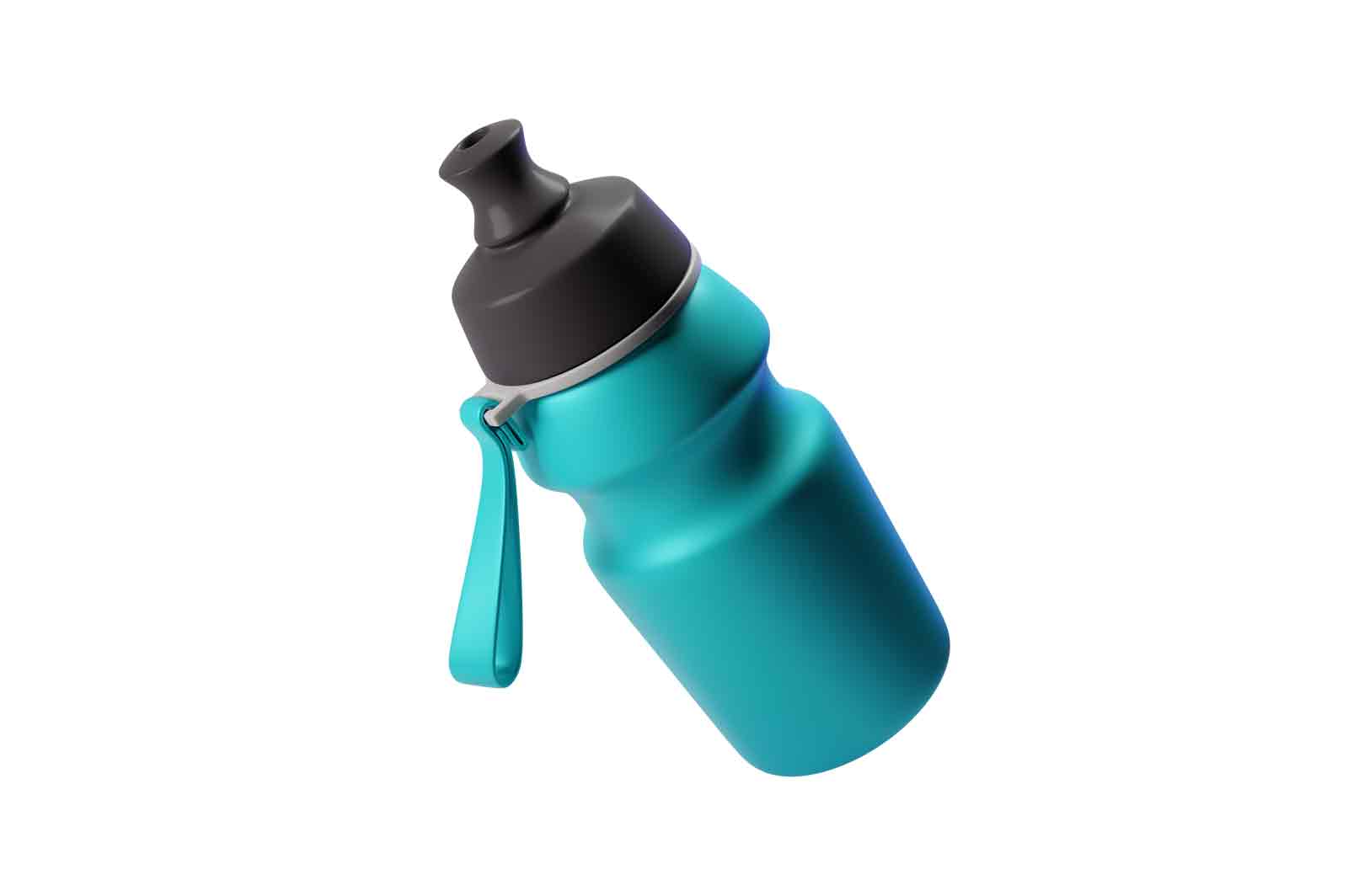 Sport fitness bottle, water flask 3d rendered illustration. Blue plastic container with cap for fitness, training, workout