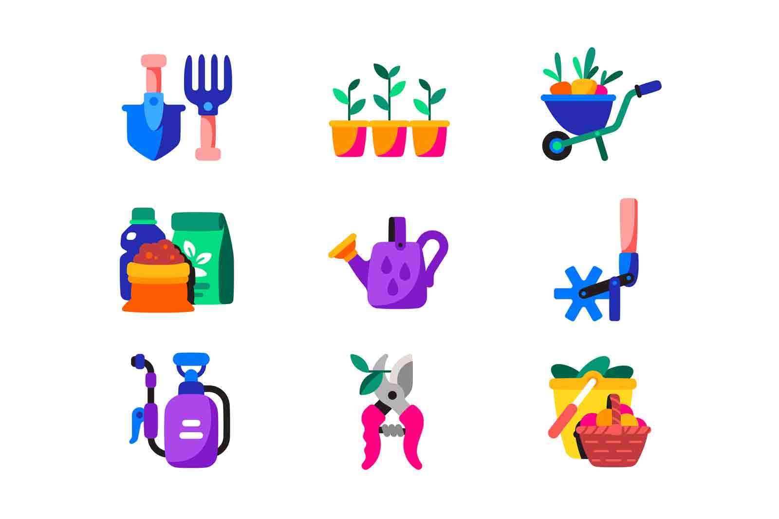 Gardening or horticulture icons set vector illustration. Tools and equipment for growing plant in garden flat style concept