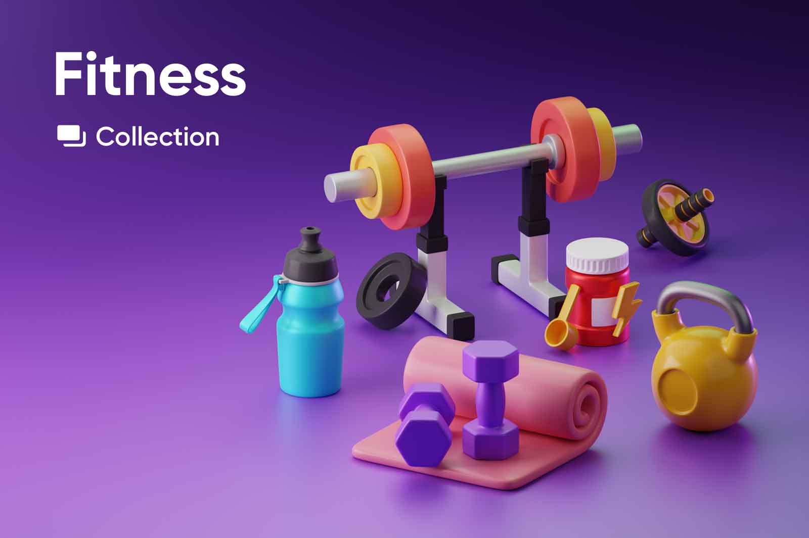 Fitness 3D icons illustrations. Spoerts related exercise and equipment. Blender 3D source files, transparent PNG, JPG.