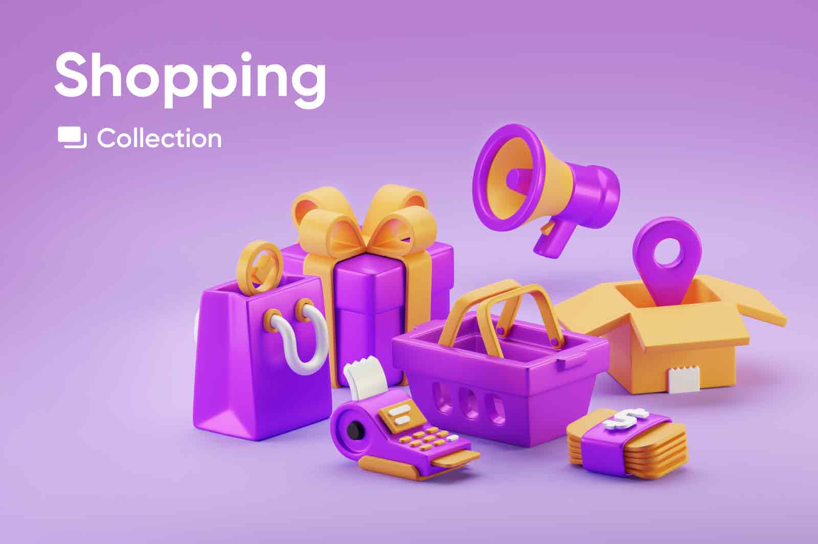 E-commerce, shopping 3D icons, objects in yellow-purple colors. Isolated on white background attached. Blender, transparent PNG and JPG.