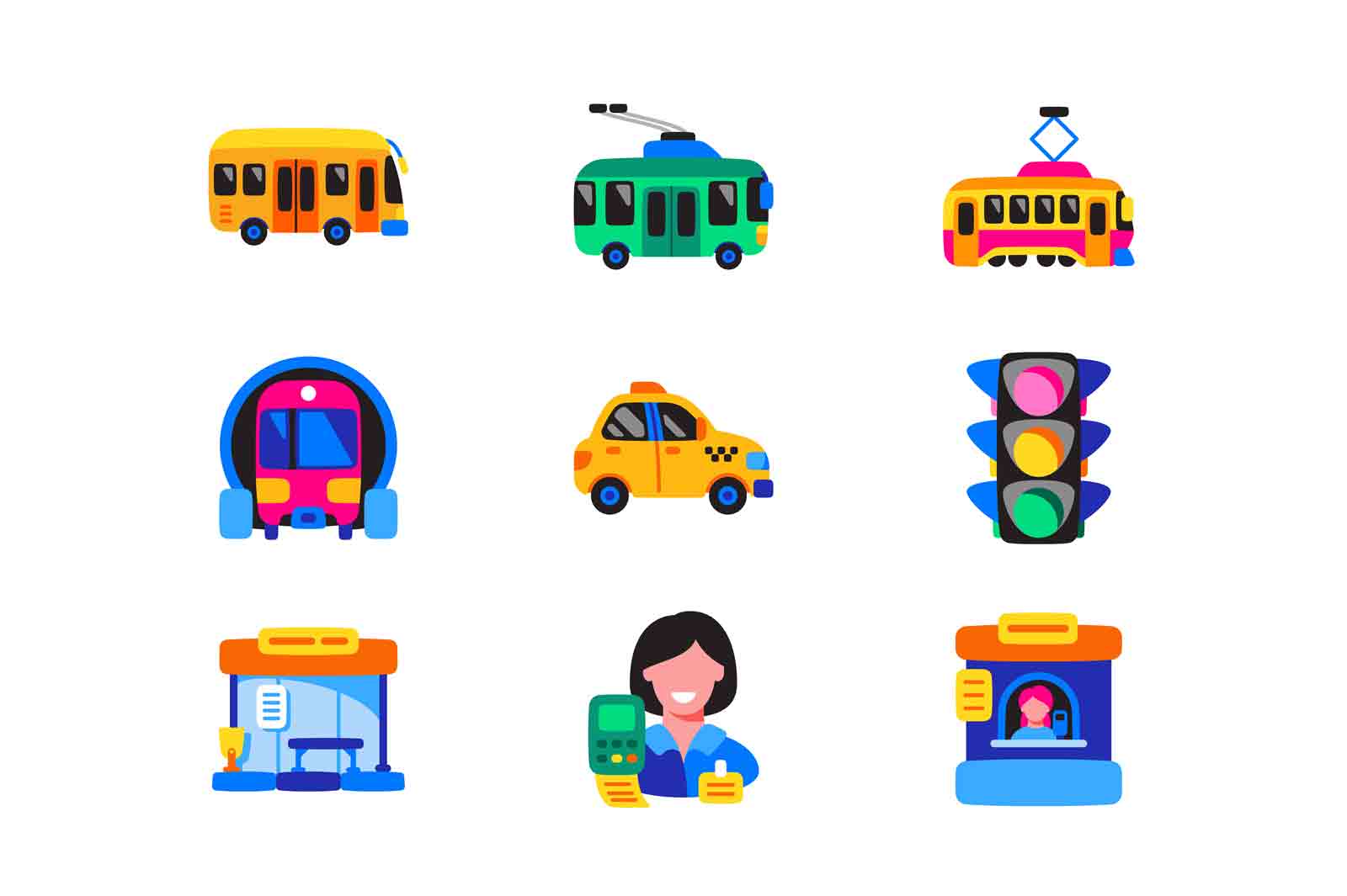 Public transport icons set vector illustration. Bus, tram, trolley-bus, train and conductor symbols. Transportation flat concept
