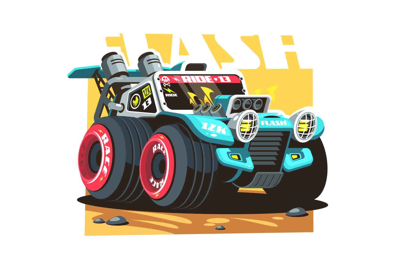 Racing car or off road truck for race vector illustration. Big crazy power, rider and competitions of suvs flat style concept
