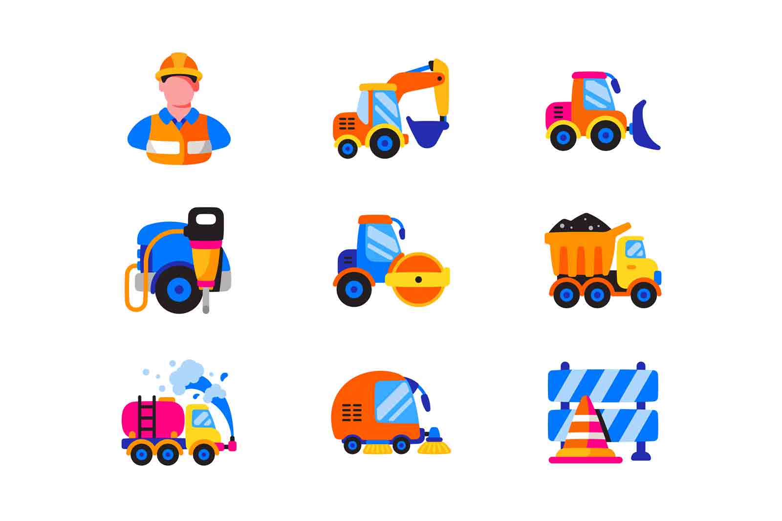 Roadwork technique icons set vector illustration. Worker, excavator, roller, bulldozer. Equipment for road construction flat concept