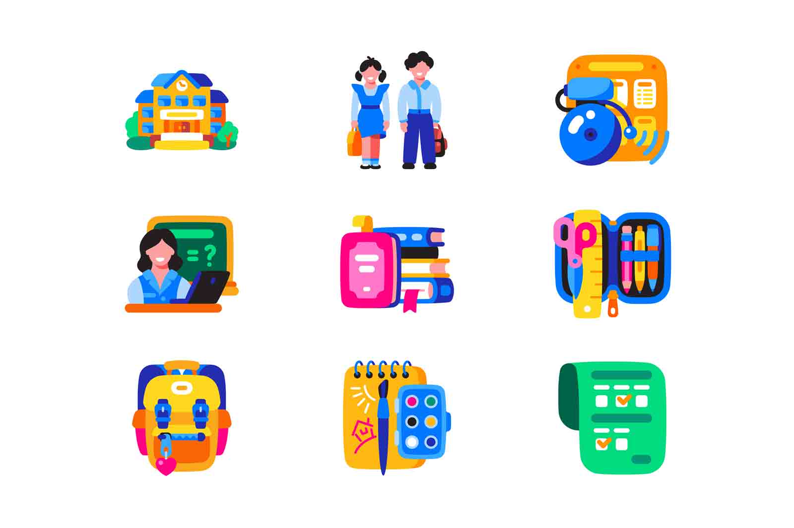 School supplies icons set vector illustration. Items for education. Books, schoolbag, pencil-box and pupils. Back to school flat concept