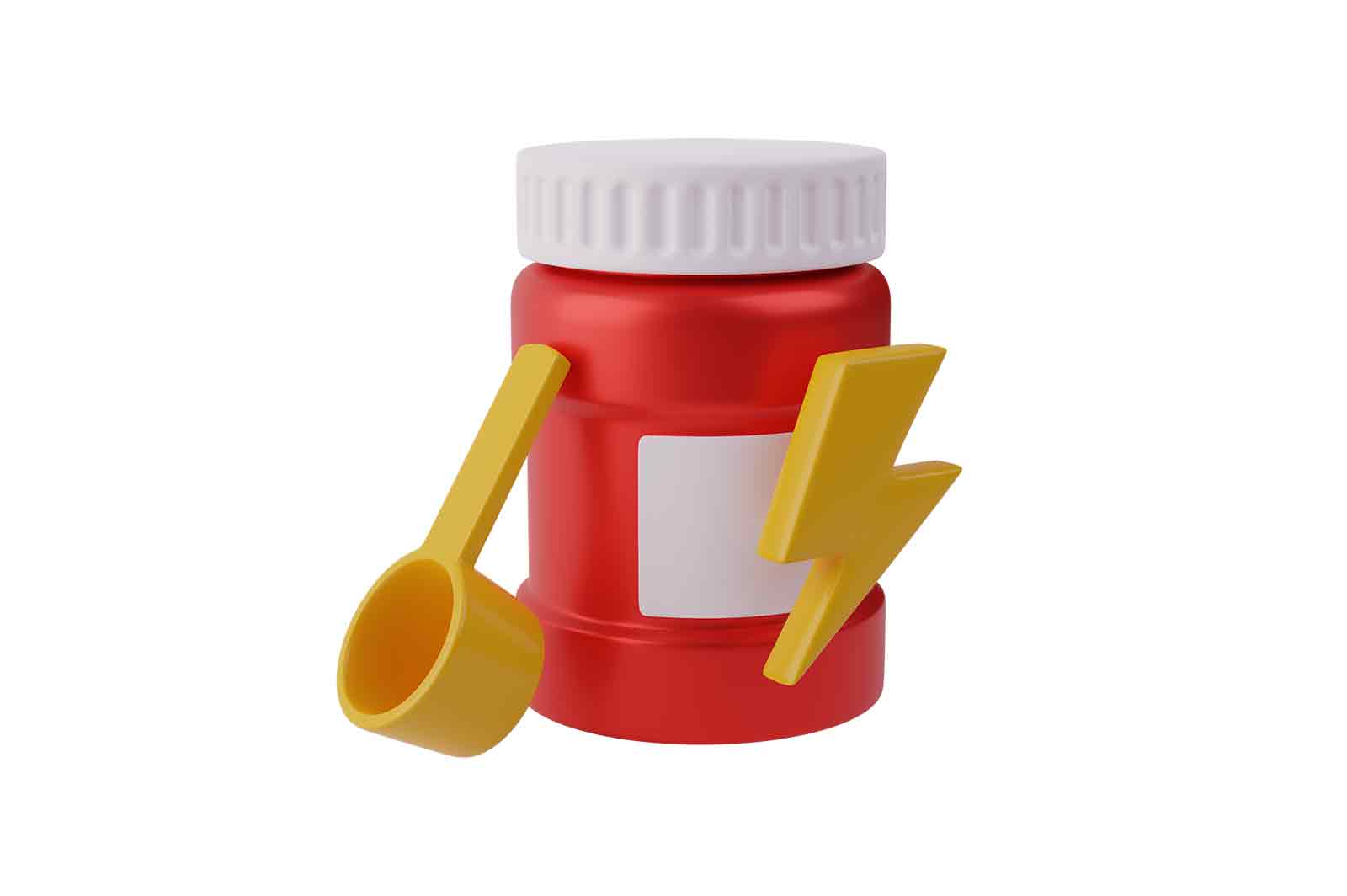 Jar and spoon for sport nutrition 3d rendered illustration. Plastic protein powder cylinder bottle. Bodybuilding vitamin product