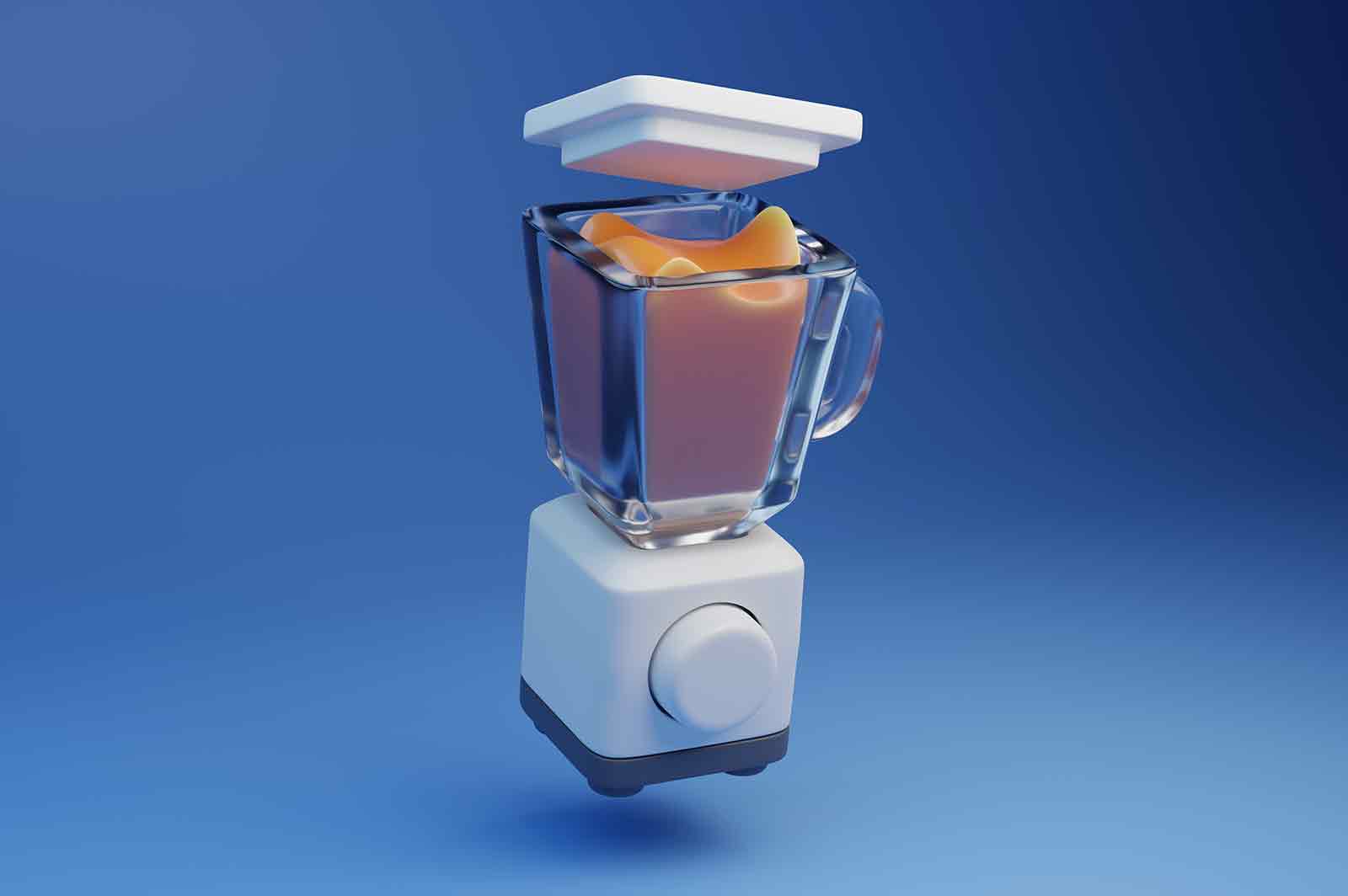 Blender with fruit cocktail 3d rendered illustration. Kitchen equipment or appliance for cooking, making drinks and smoothies