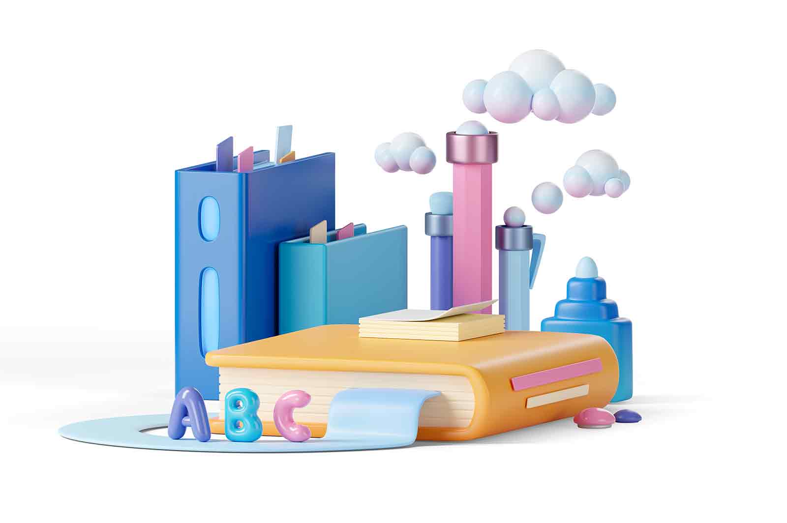 Improvised learning factory-school 3D rendered illustration. Factory like school concept contains of books, pencils and letters.