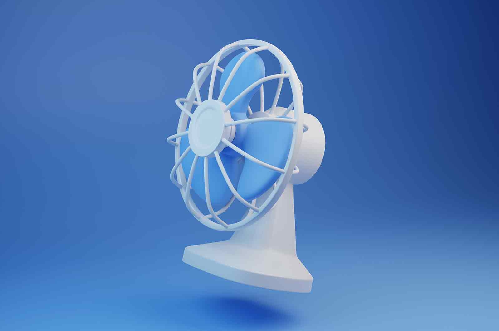 Electric desk fan device 3d rendered illustration. Home climate equipment. Air cooling fan. Home appliances and tools concept