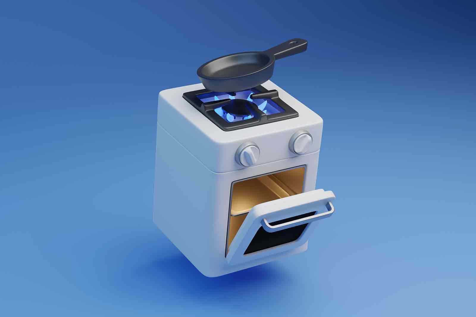 Modern gas stove with blue flame 3d rendered illustration. Stove with open oven. Kitchen equipment or appliance for cooking food