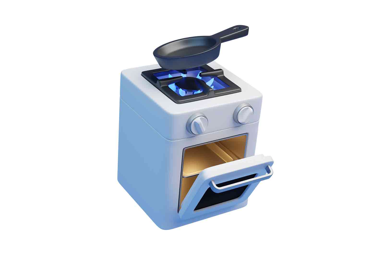 Modern gas stove with blue flame 3d rendered illustration. Stove with open oven. Kitchen equipment or appliance for cooking food