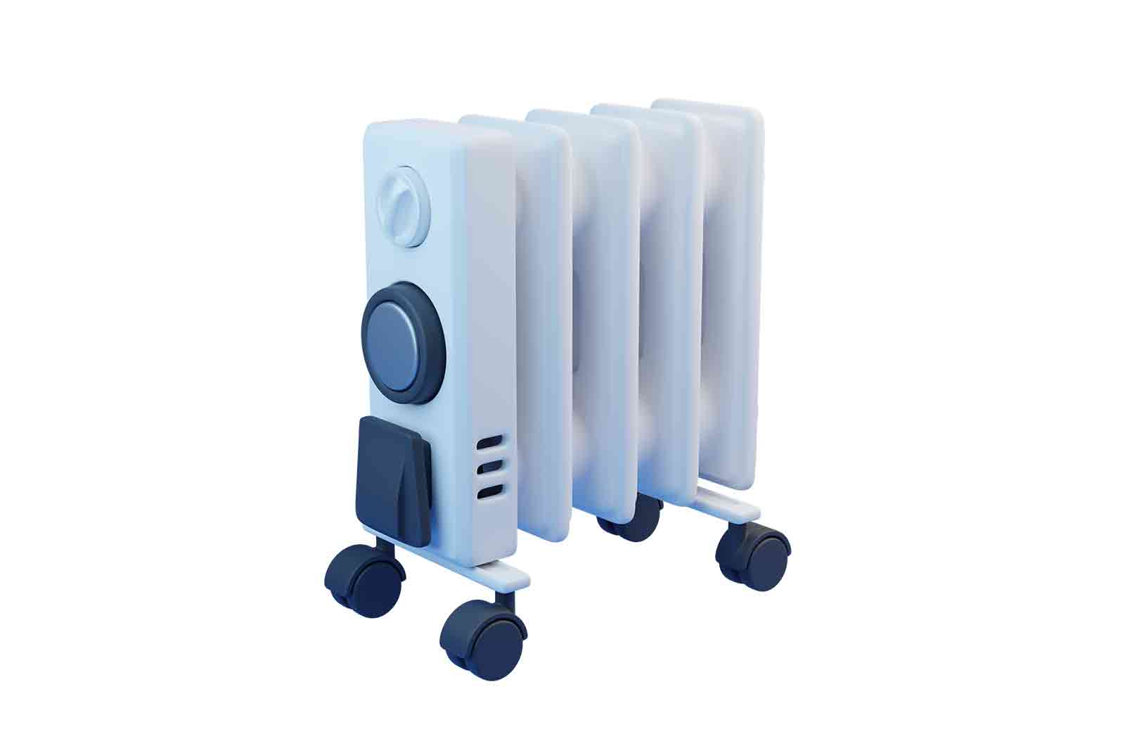 Electric oil filled heater 3d rendered illustration. Domestic electric heater with plug and electric cord. White electric radiator