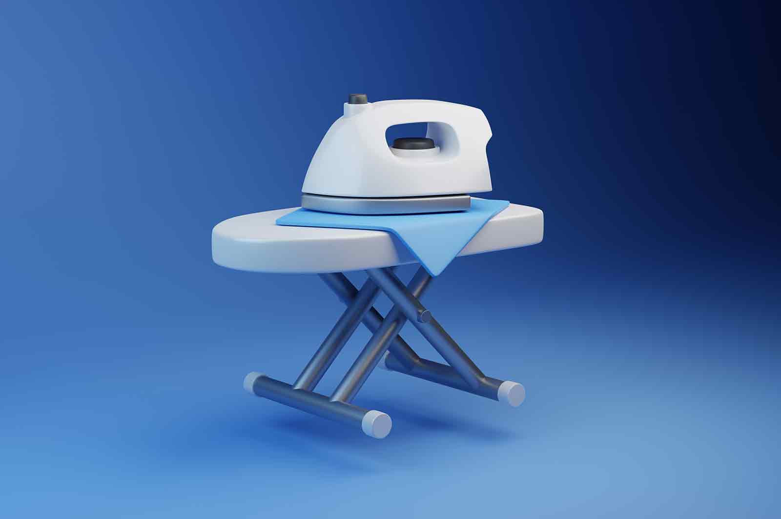 Iron on ironing board 3d rendered illustration. Device for ironing clothes or home appliance. Electric utensil