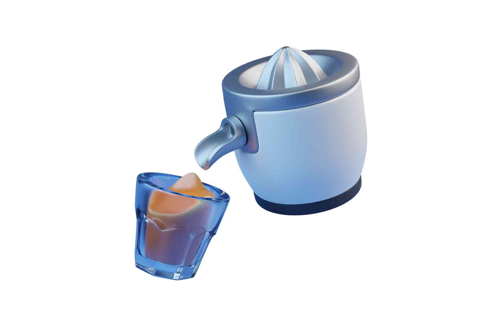 Juicy maker with fresh juice 3d rendered illustration. Modern juicer device. Kitchen equipment or appliance for making juice