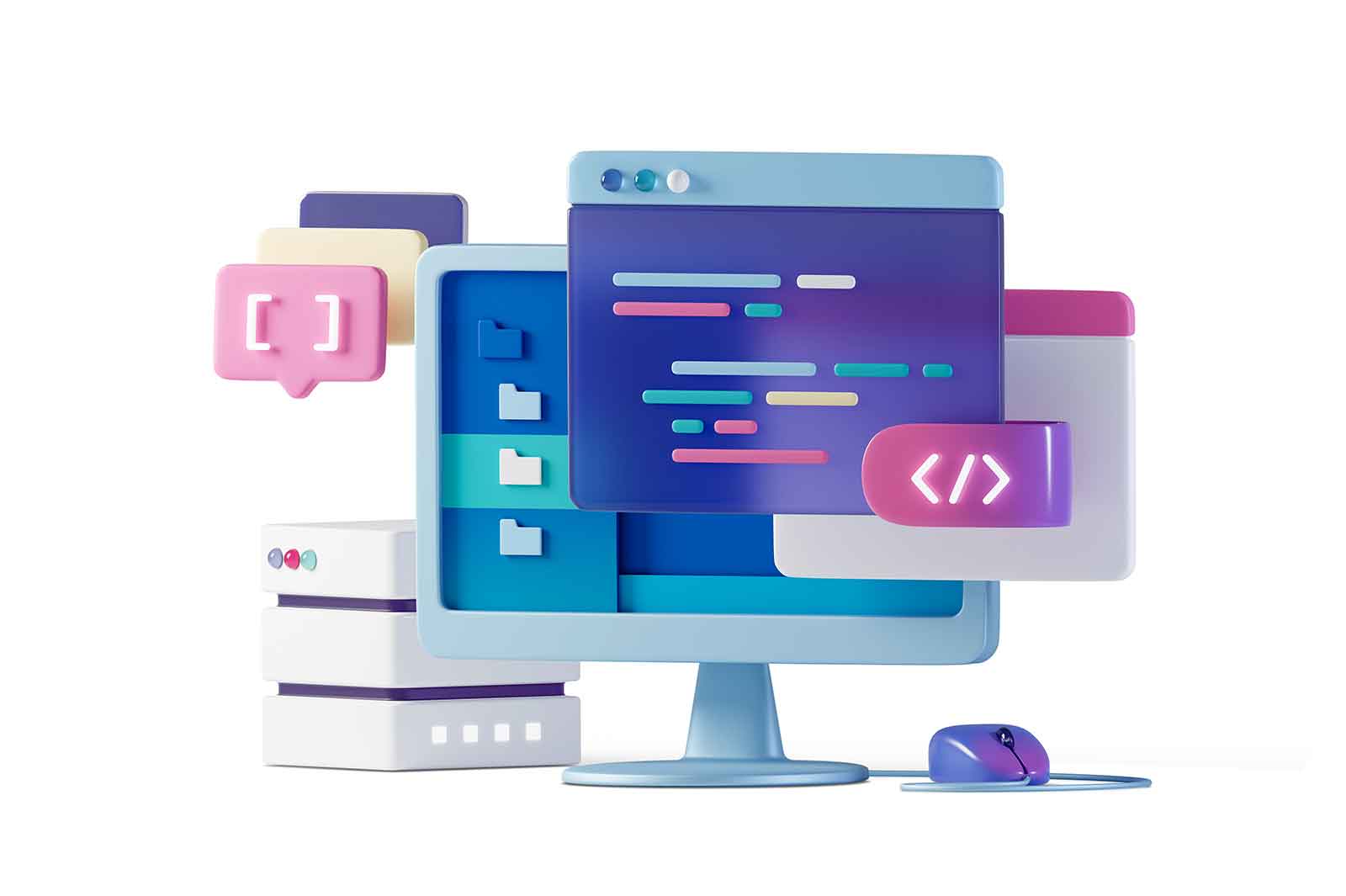 Programming and coding on a computer 3D rendered illustration. Code on opened computer window with interface and data folders.