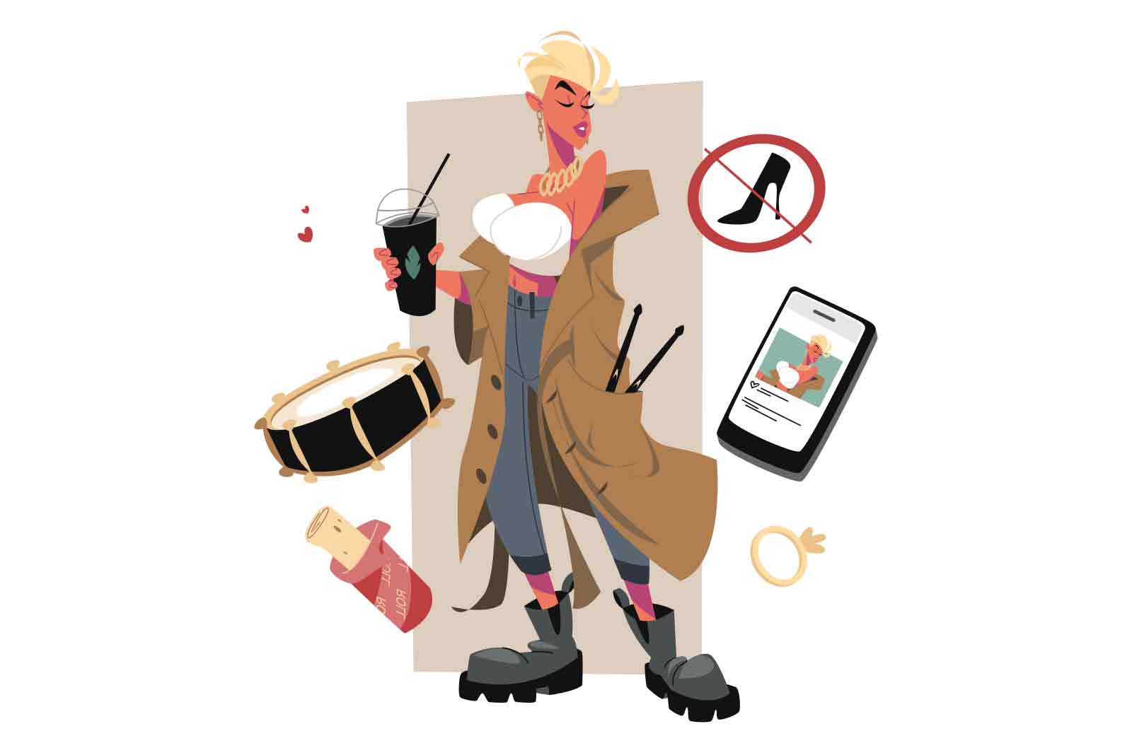 Cool woman drummer drinking coffee vector illustration. Stylish female musician in casual clothes. Rhythmical musical instrument flat concepty