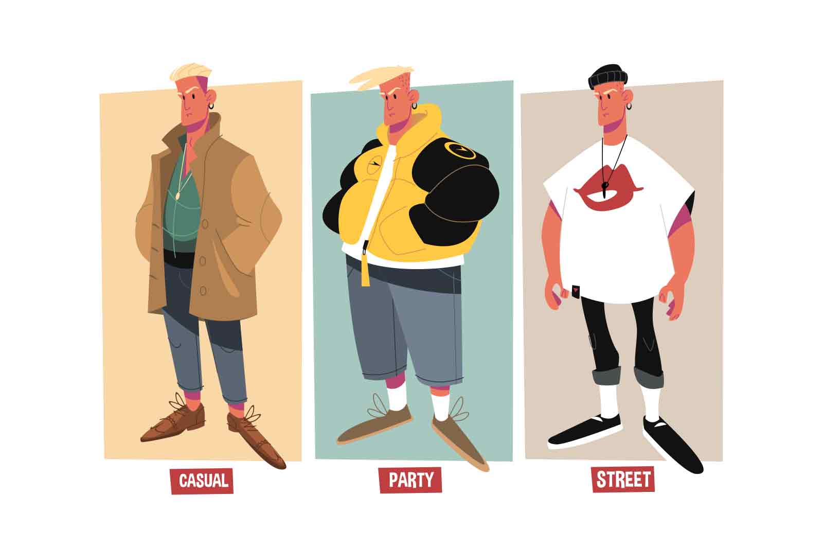 Dudes in casual style clothes set vector illustration. Casual, party and street style of clothes flat concept. Fashion idea