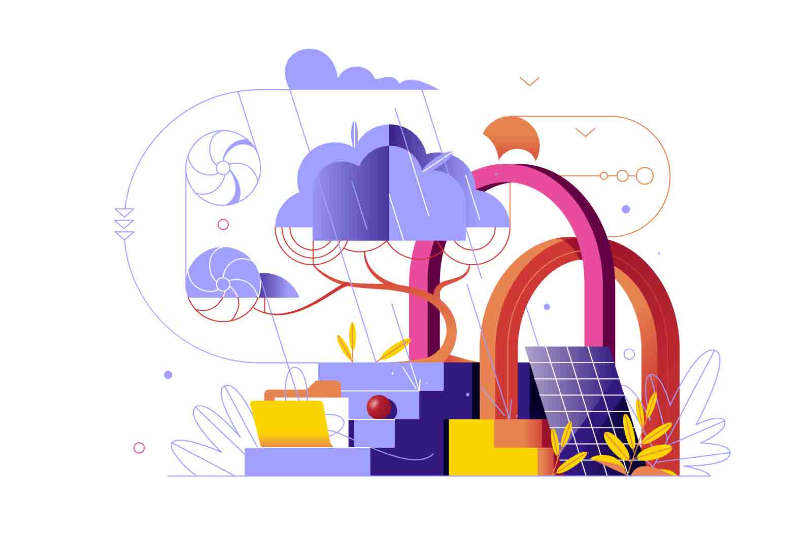Abstraction with geometric figures vector illustration. Arches, stairs, tree and clouds composition flat style concept