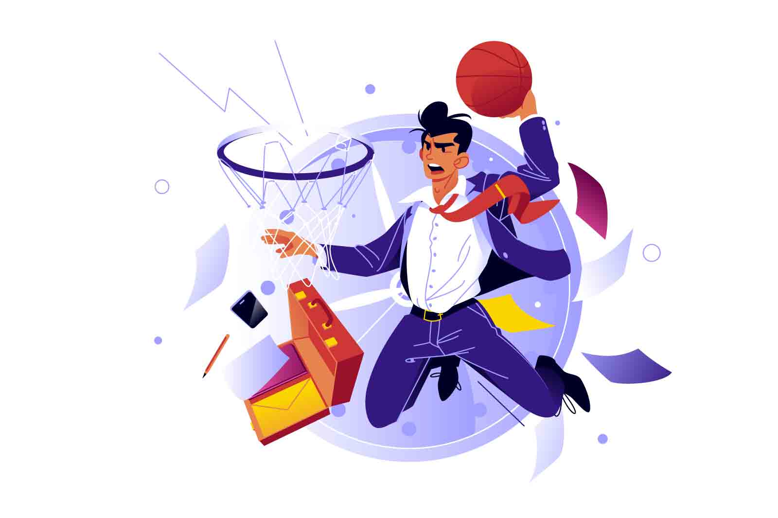 Businessman jumping taking slamdunk in basket vector illustration. Corporate goal achievement and market money profit flat concept