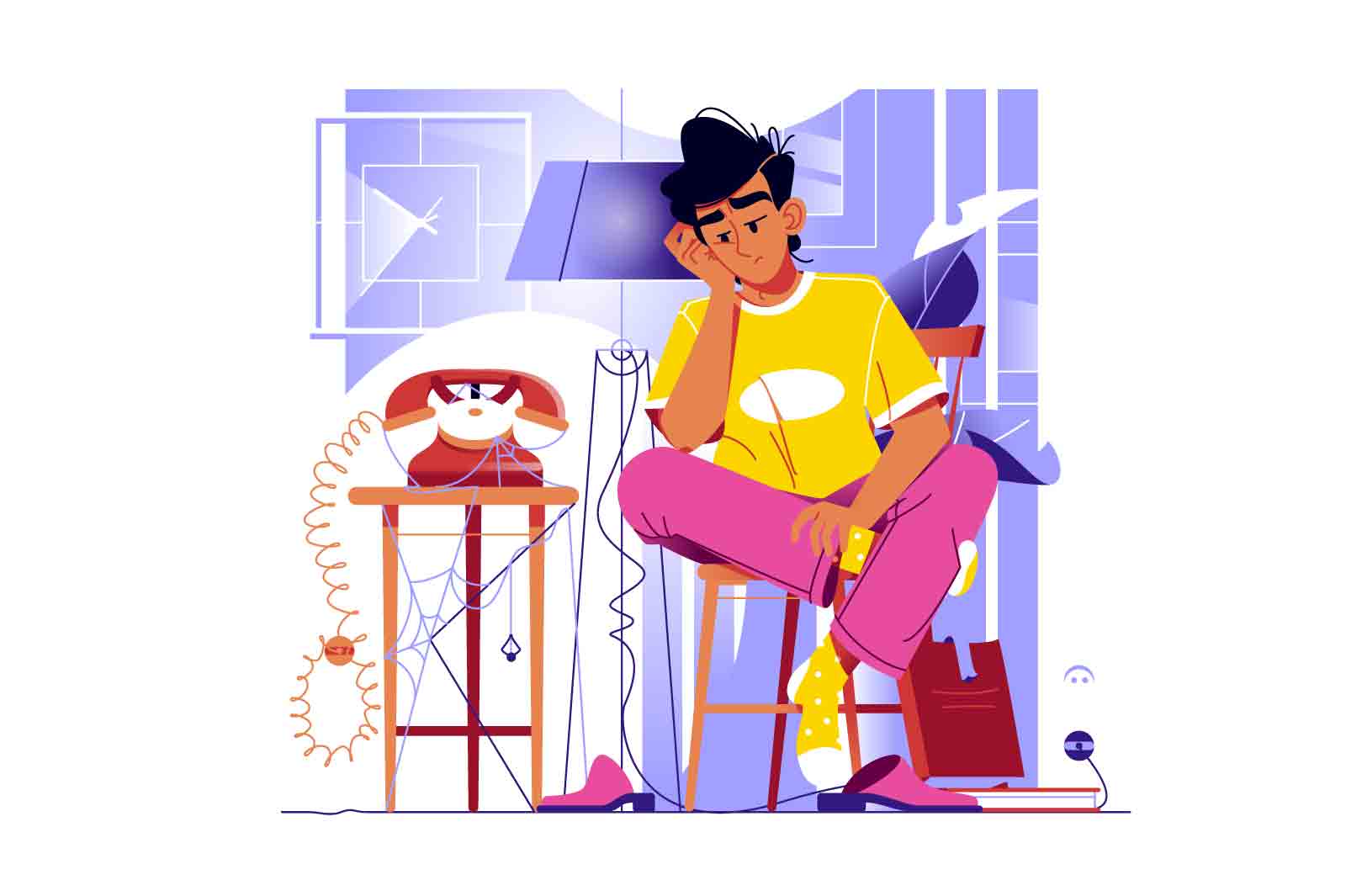 Guy waiting for phone call vector illustration. Upset and boring man sitting and looking at phone flat style concept