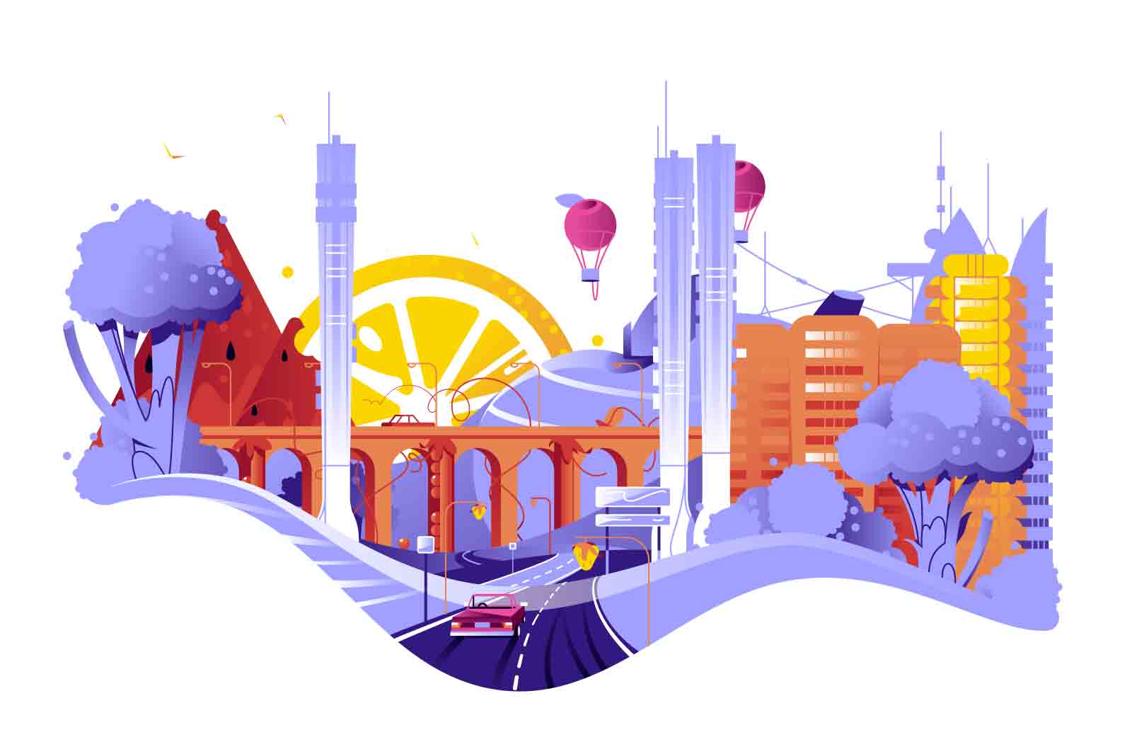 City of fruits and vegetables vector illustration. Sun, trees and air balloon in shape of orange, broccoli and apples. Fabulous city