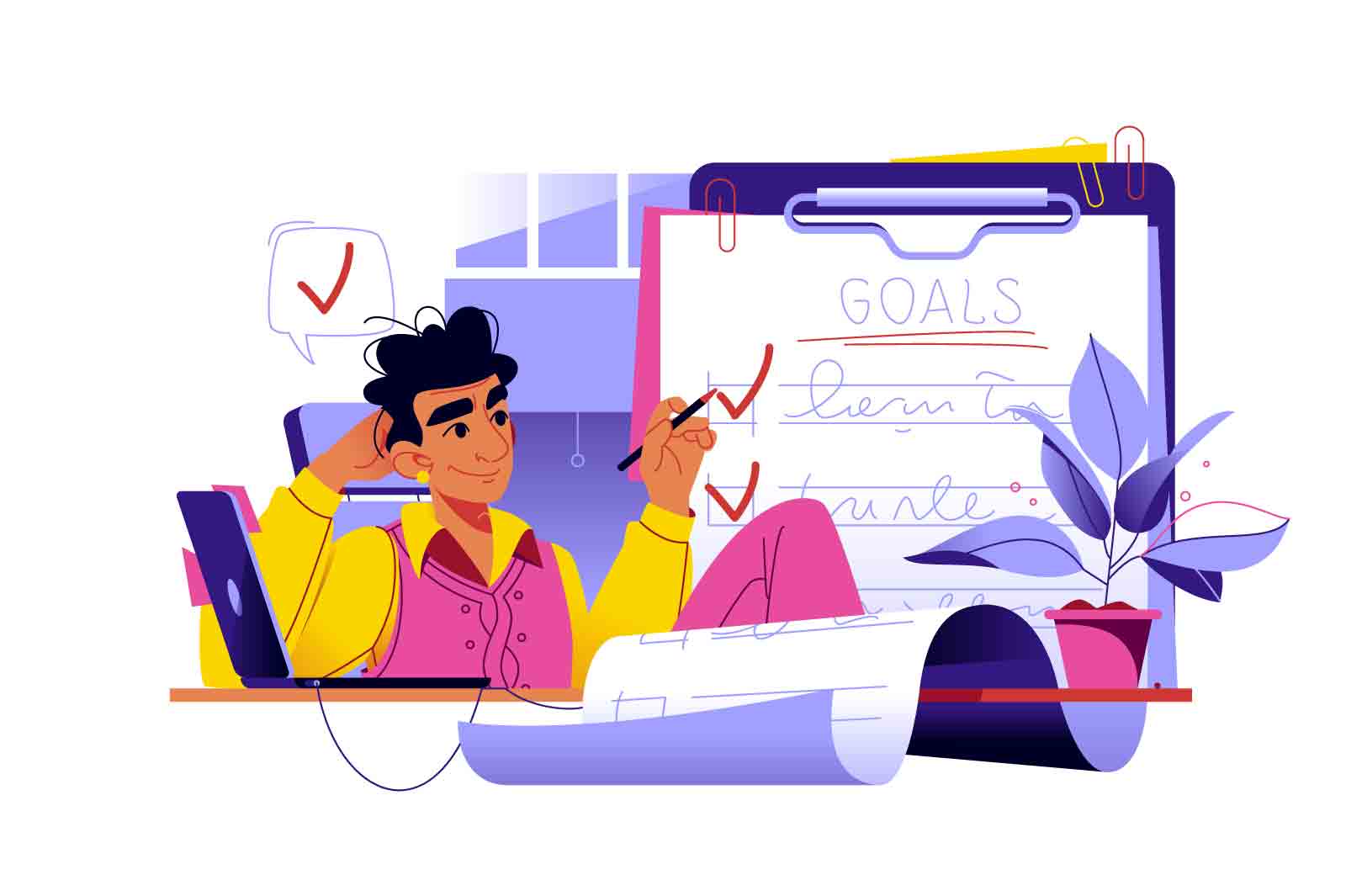Strategic planning and goal setting vector illustration. Guy checking goals achieved. Mission to accomplish or challenge. Business success concept