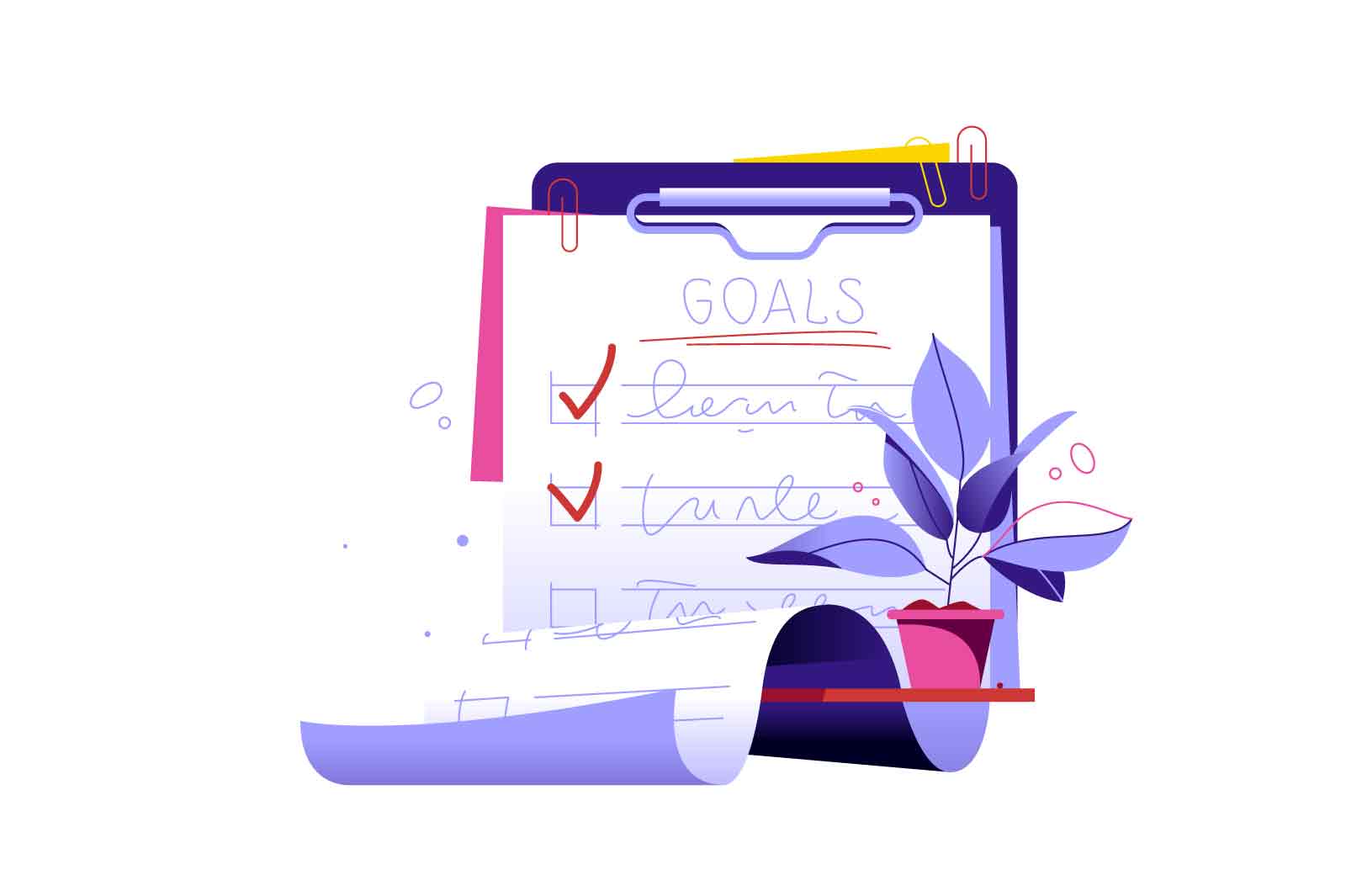 Goals or checklist, checkbox with red check marks vector illustration. Goal achievement and to do list flat style concept