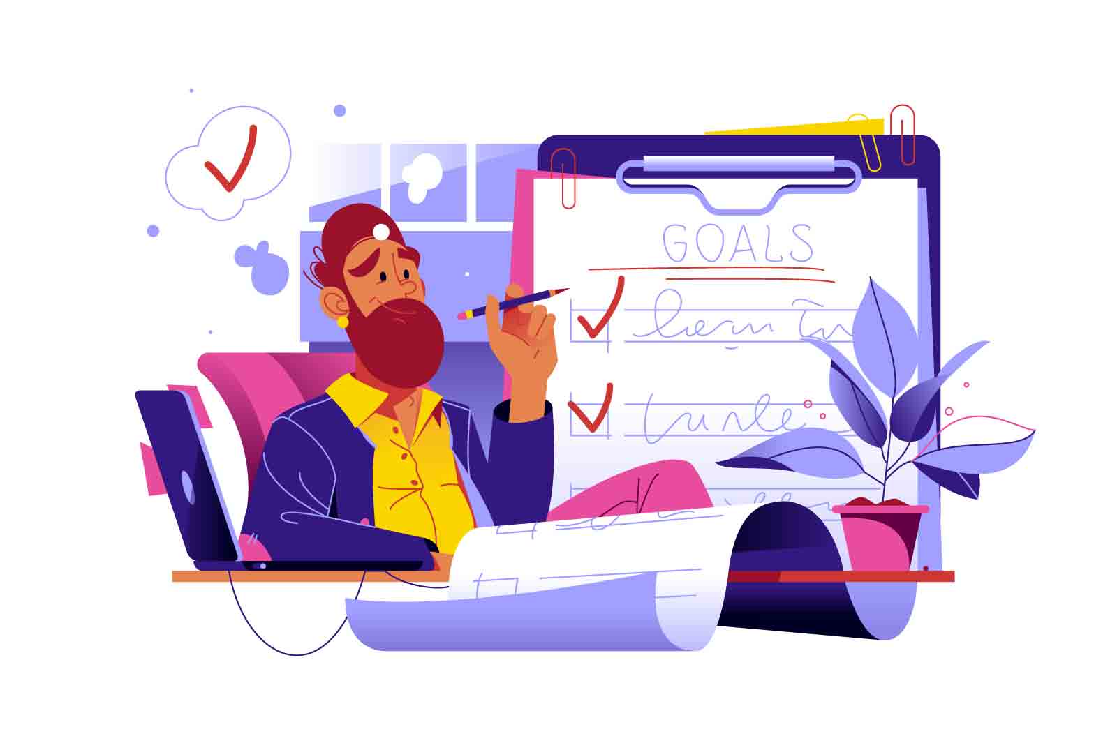Man making goals or checklist, making notes in checkbox vector illustration. Goal achievement, planning and to do list flat style concept