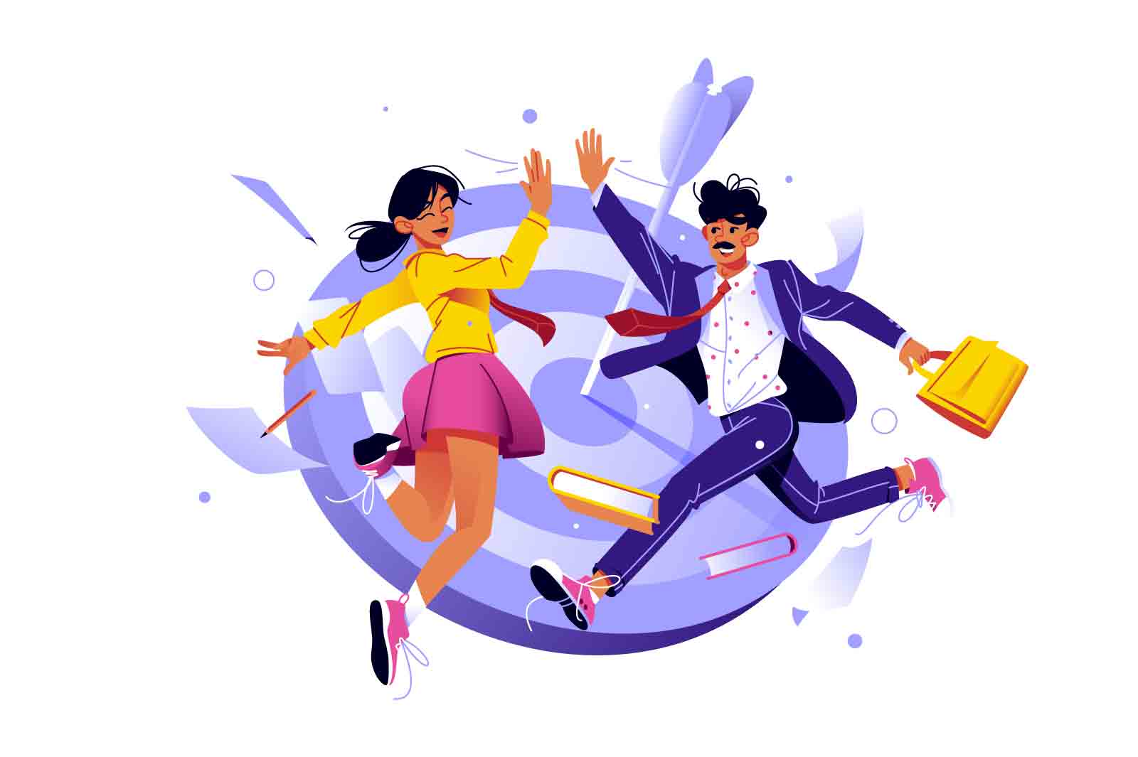 Man and woman colleagues jumping and giving high five vector illustration. Good job flat style concept. Team celebration winning and goal achievement idea